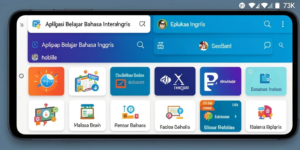 Antarmuka aplikasi 73K yang menarik dan intuitif untuk belajar bahasa Inggris.